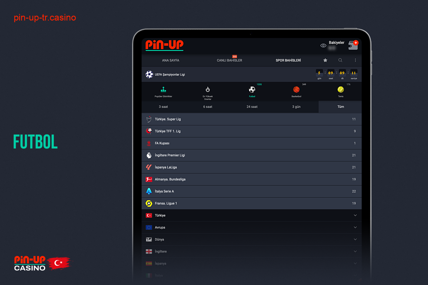 Pin Up Bet'te, yerel ve dünya turnuvaları da dahil olmak üzere Türkiye'den kullanıcılara futbol bahisleri sunulmaktadır