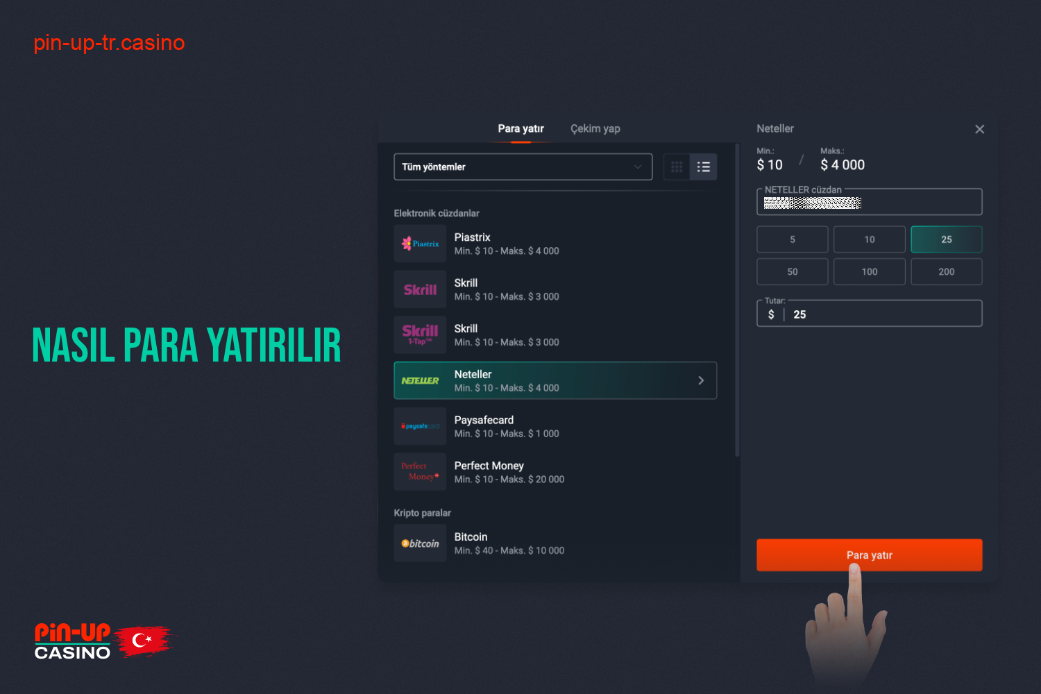 Pin Up Casino'da bir hesaba para yatırmak için Türkiye'den kullanıcıların birkaç basit adımı izlemesi gerekir